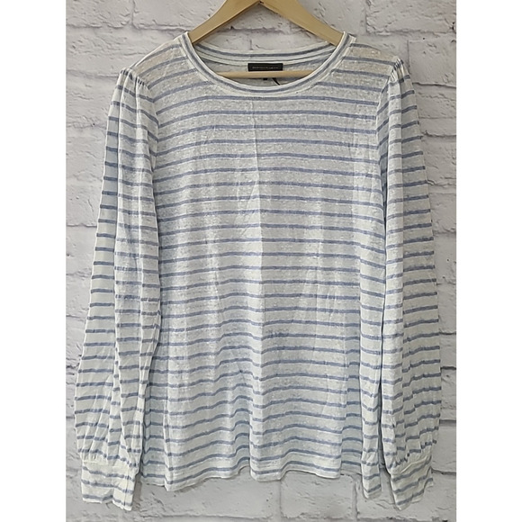 Donna Karan Striped Top Blouse Womens Small White Blue Linen Blend Coastal Beach